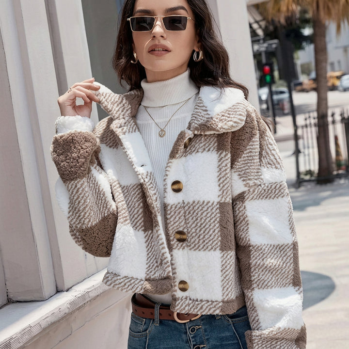 Veste Femme à Carreaux – Coupe Croppée, Tissu Doux et Épais