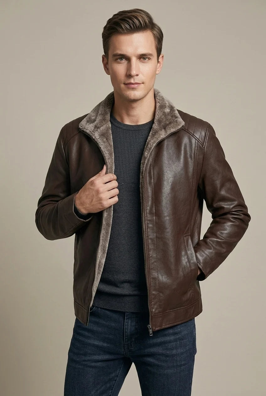 Veste Homme en Cuir Véritable – Doublure Polaire, Coupe Décontractée