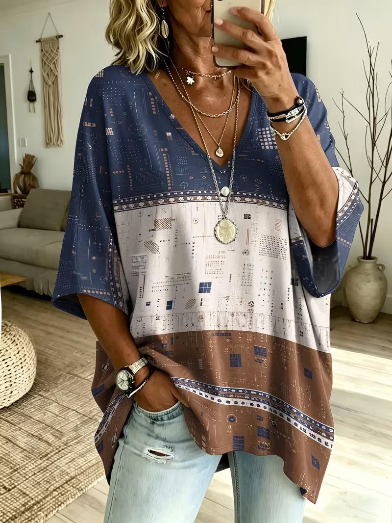 Blouse Femme Col V Ample – Manches Chauve-Souris Imprimé Dégradé