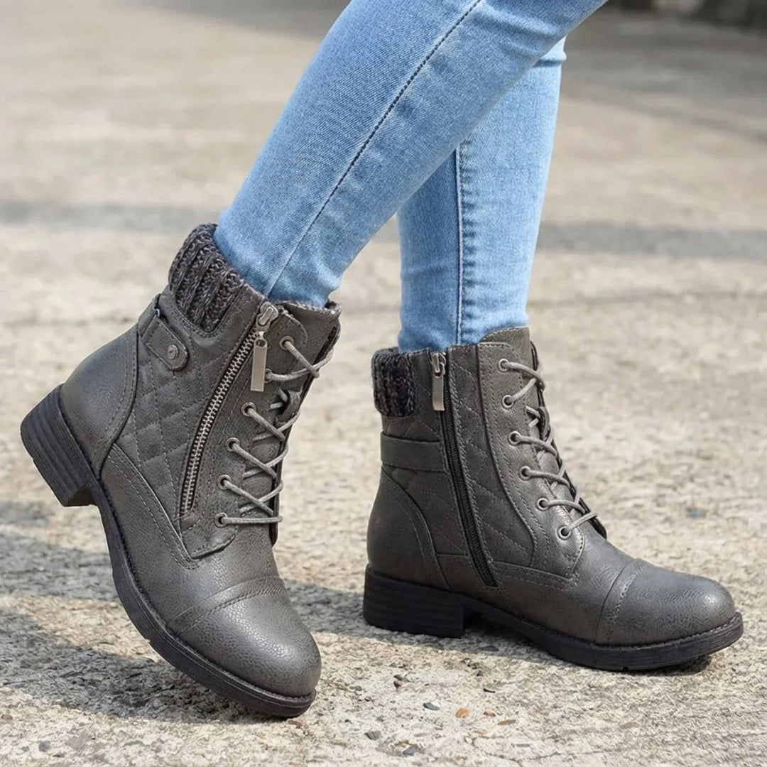 Gesteppte Damenstiefeletten – Schnürsenkel und praktischer seitlicher Reißverschluss