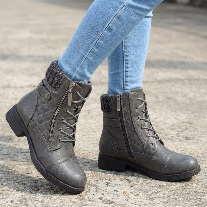 Gesteppte Damenstiefeletten – Schnürsenkel und praktischer seitlicher Reißverschluss