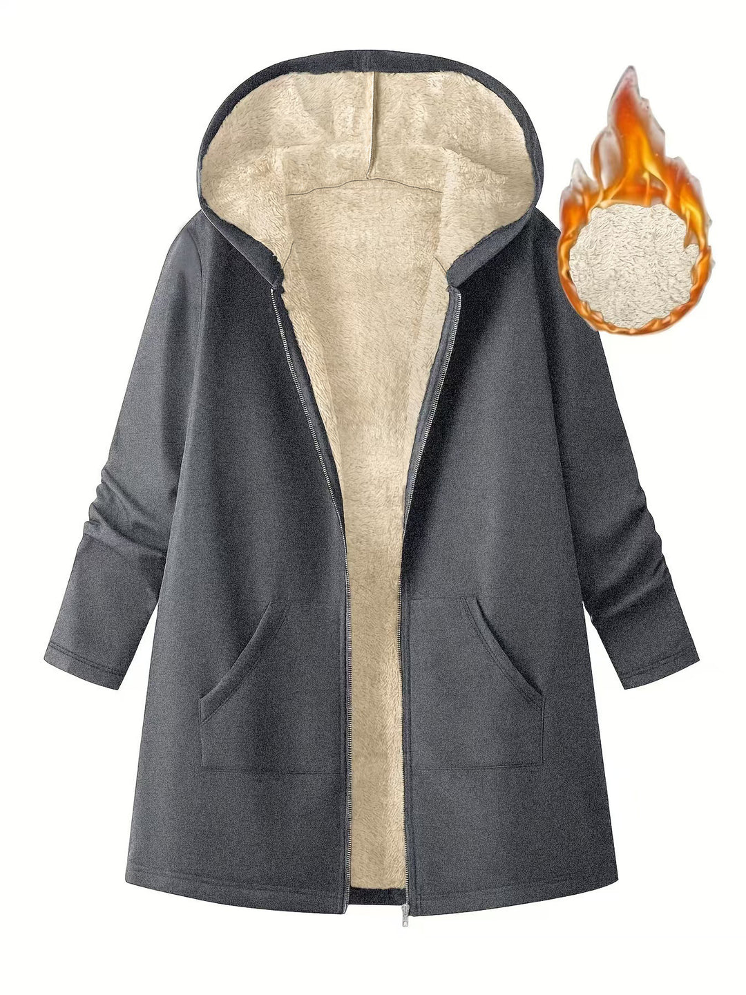 Manteau Femme à Capuche Doublé Polaire – Longueur Mi-cuisse Coupe Décontractée