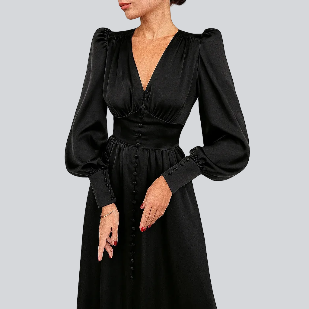 Satin-Midikleid für Damen – Laternenärmel, taillierter Schnitt