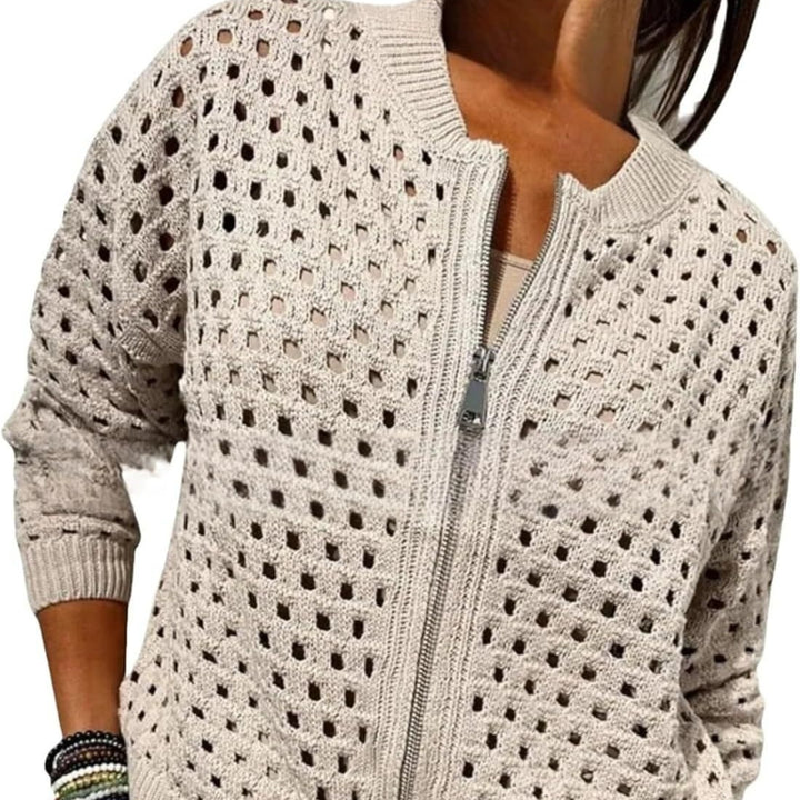 Cardigan Femme en Maille – Col Rond Zippé Léger Ajoure