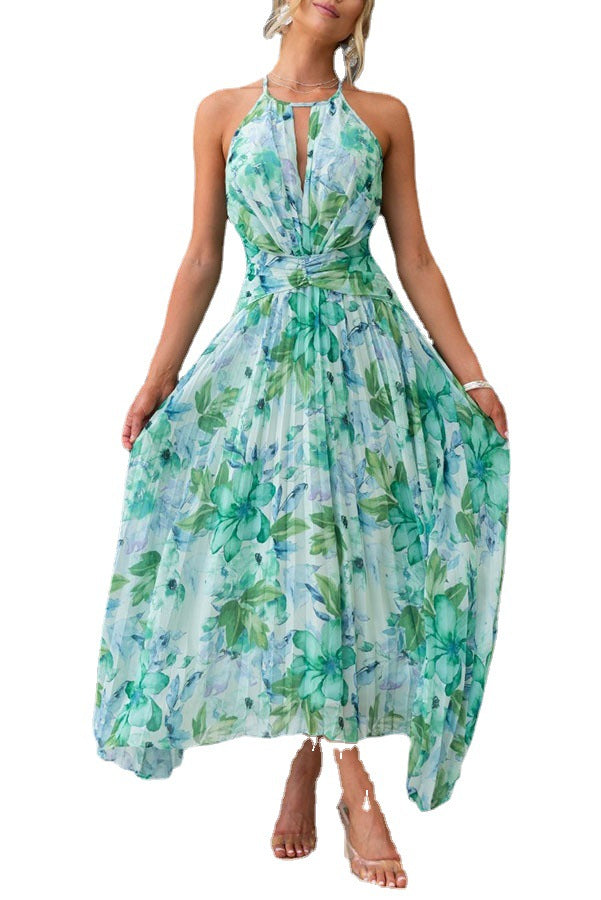 Robe Femme à Col Halter Imprimée – Sans Manches à Encolure V Évasée