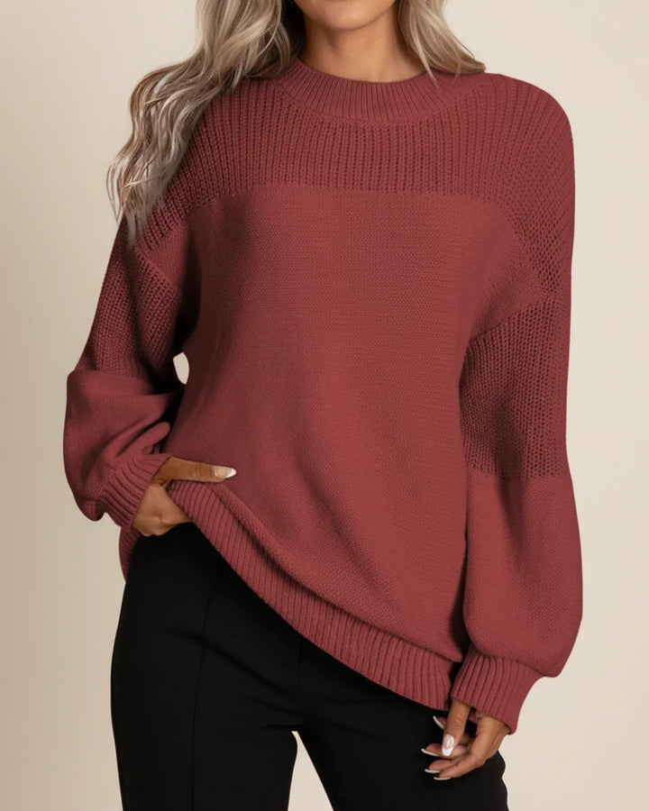 Pullover für Damen mit Puffärmeln – Rundhalsausschnitt, Detail mit gehäkelten Blumen