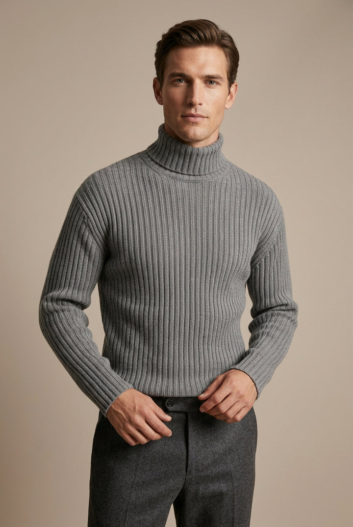 Herresweater med rullekrave i strik – slim fit med ribstrik