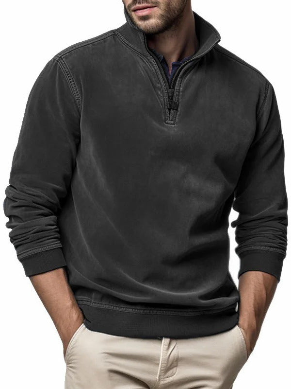 Sweatshirt til mænd med halv lynlås og høj krave - diskret påsyet lomme