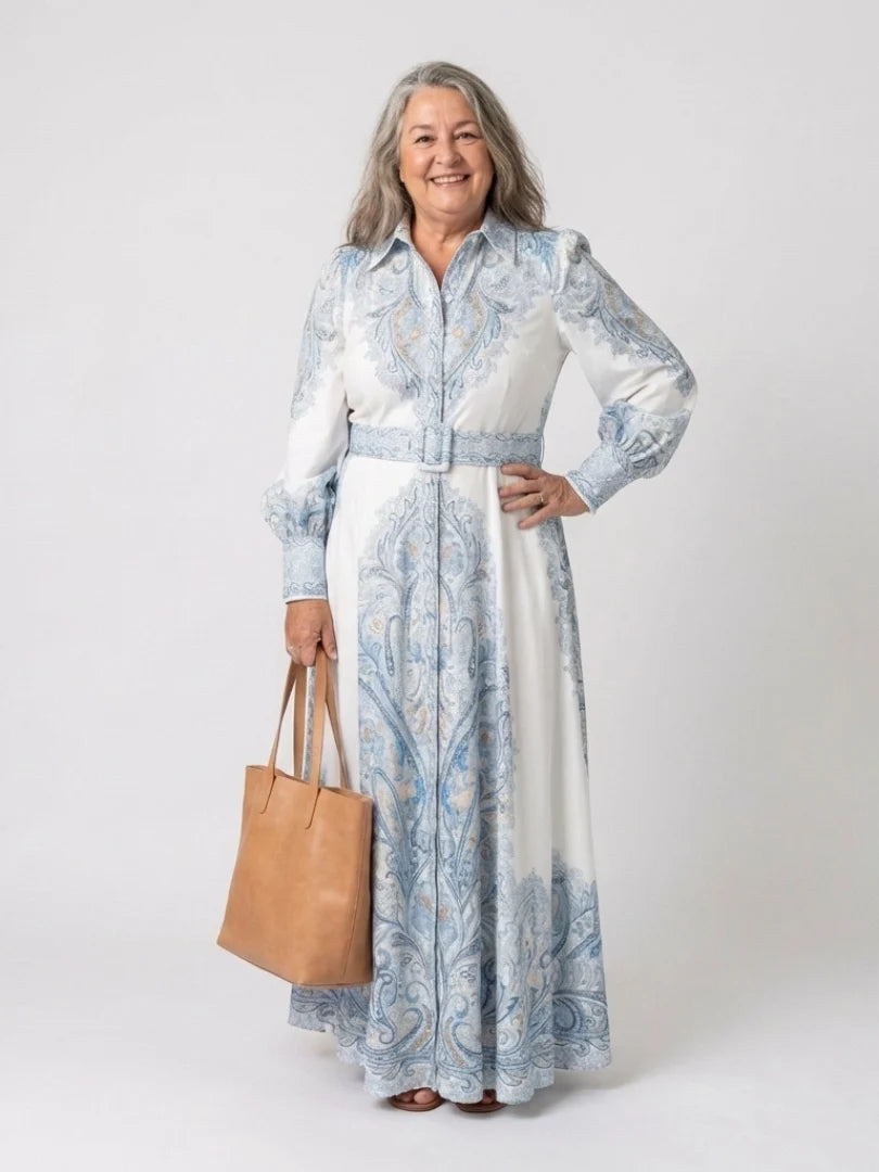 Robe Femme Maxi Imprimée – Col à Revers Manches Lanternes