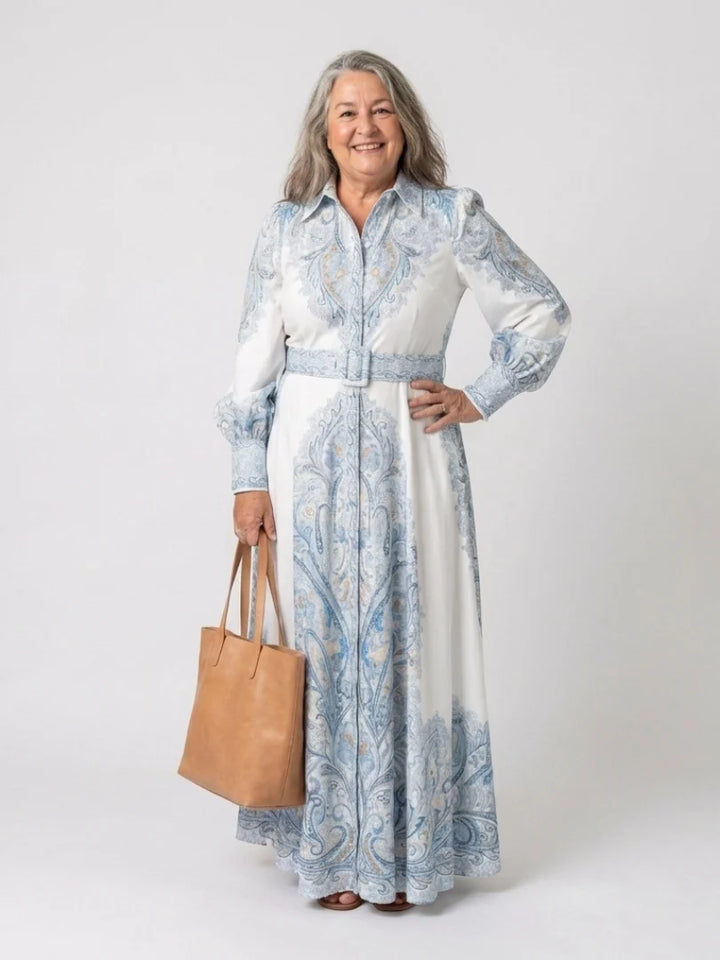 Robe Femme Maxi Imprimée – Col à Revers Manches Lanternes