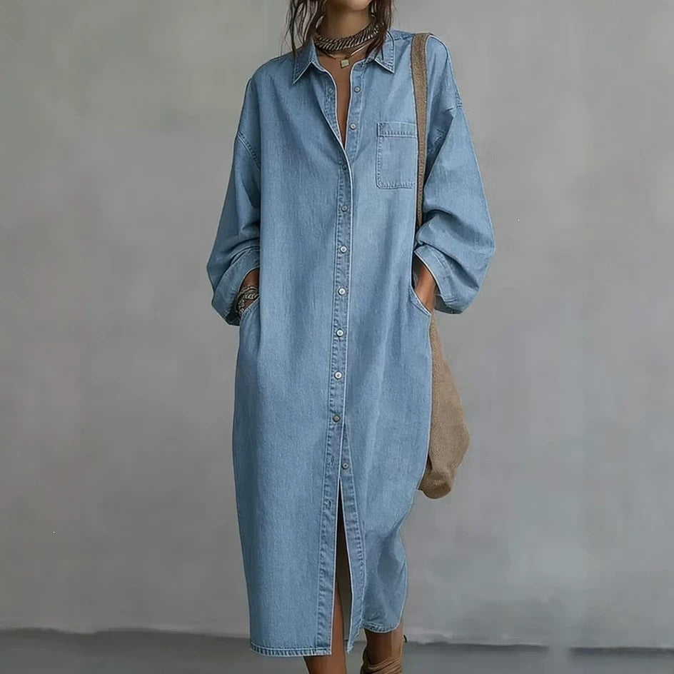 Denimskjortekjole til dame - Langt, svajende snit