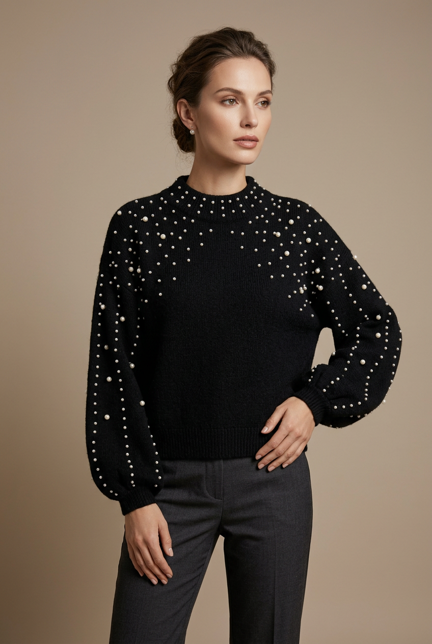 Pull Femme Col Rond Maille – Détail Perlé Manches
