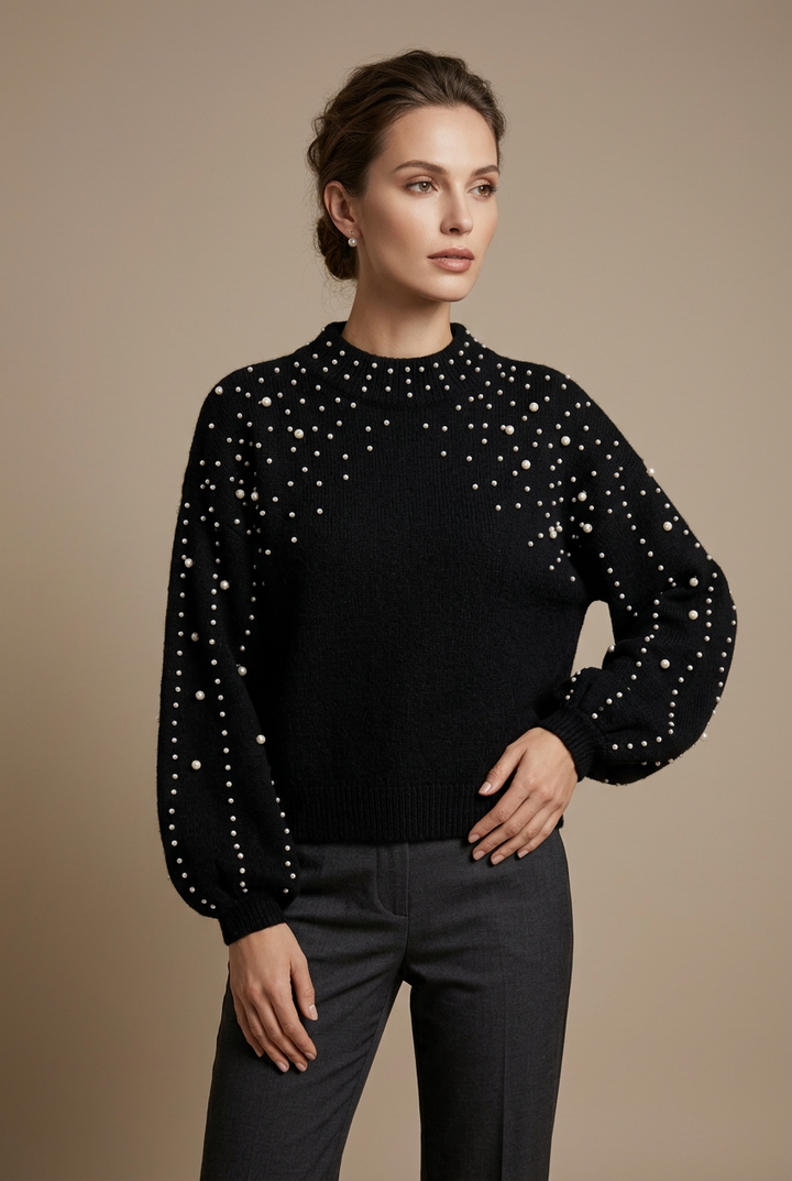 Pull Femme Col Rond Maille – Détail Perlé Manches