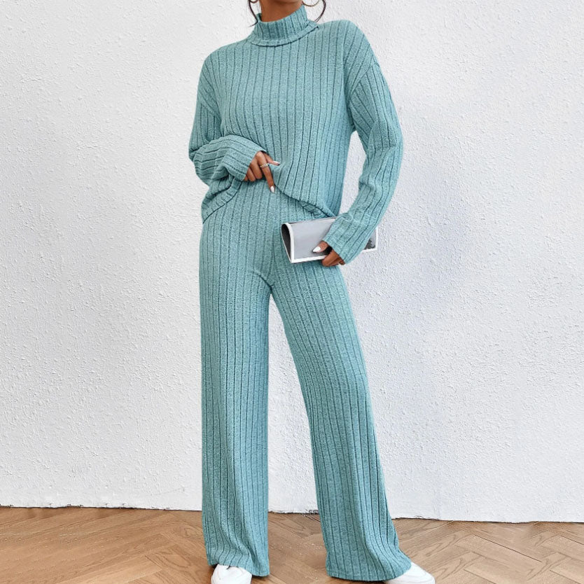 Ensemble Deux Pièces Femme en Maille – Pull Col Roulé et Pantalon Large