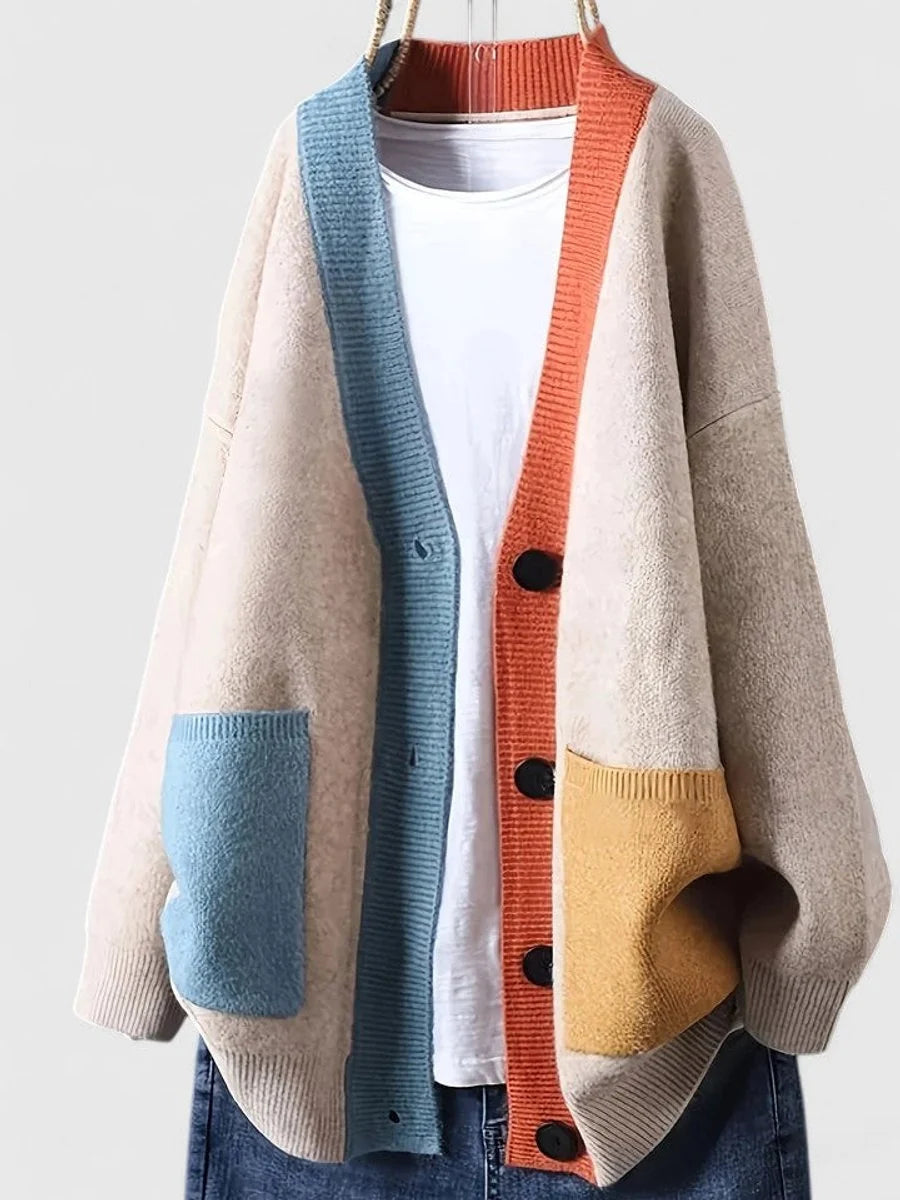 Oversize-Cardigan für Damen mit V-Ausschnitt – legerer Patchwork-Stil mit Knopfleiste
