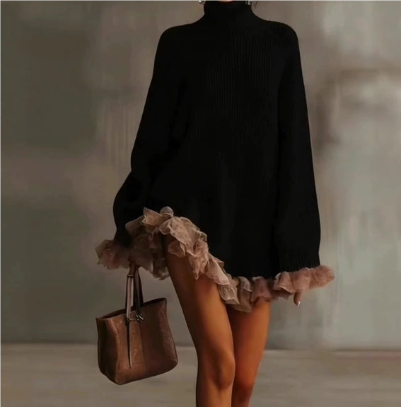 Robe Pull Femme – Mini Maille Col Montant à Volants