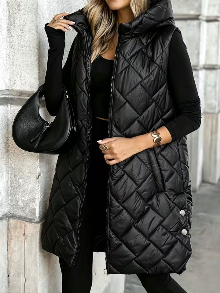 Gilet Femme Sans Manches à Capuche – Coupe Longue Zippée