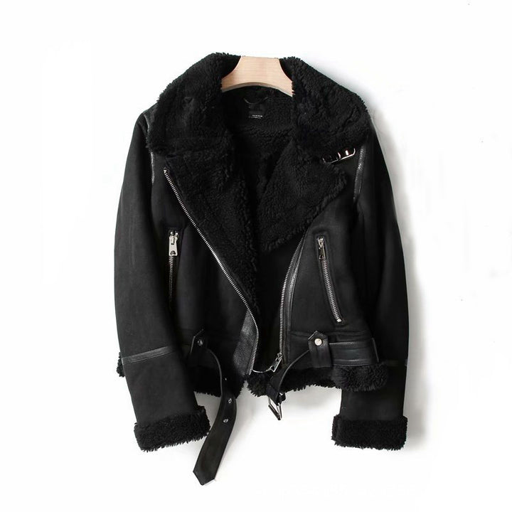 Damen-Wildlederjacke – Reverskragen im winterlichen Biker-Stil