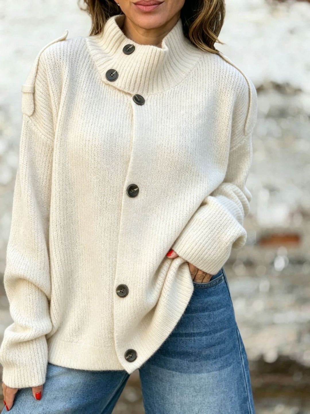 Damen-Cardigan aus Strickwaren – Stehkragen, Gerader Schnitt