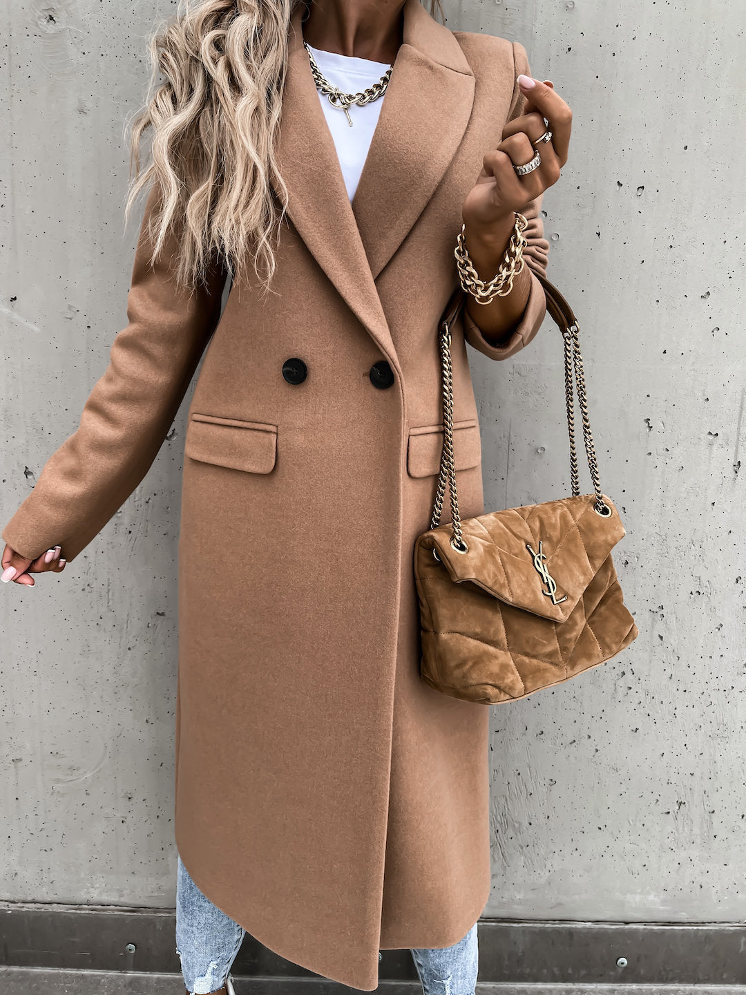 Manteau Long Double Boutonnage Femme Col Tailleur – Coupe Droite Décontractée