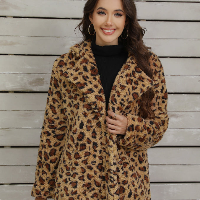 Manteau Femme Long Ligne Effet Peluche – Coupe Décontractée Imprimé Léopard