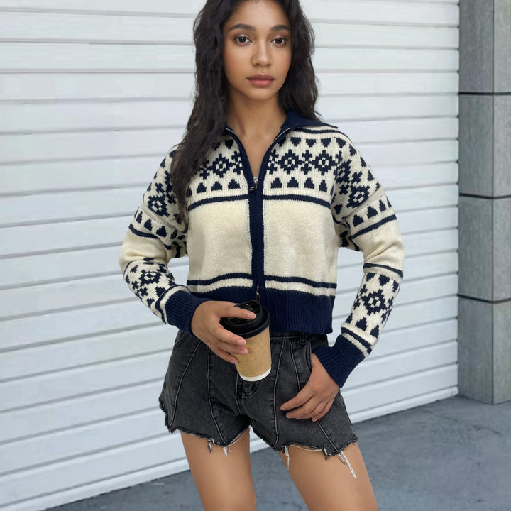 Pull Femme Laine – Jacquard Géométrique Col Zippé