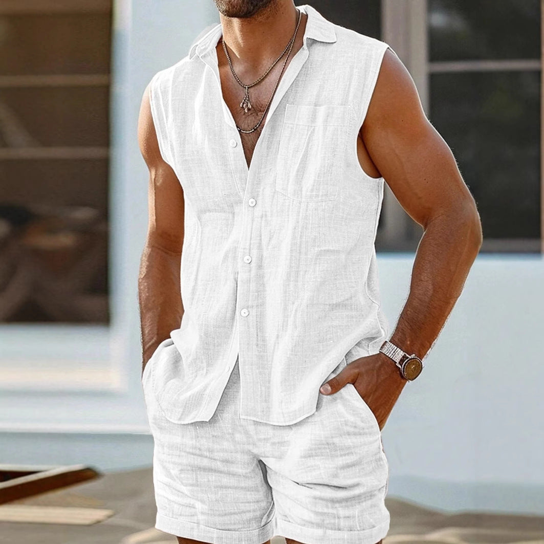 Completo Due Pezzi Uomo in Cotone Misto – Collo Camicia Aperto, Senza Maniche, Leggero