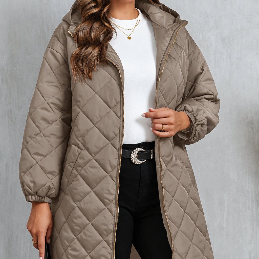 Manteau Long Matelassé à Capuche Femme – Coupe Décontractée Zippée