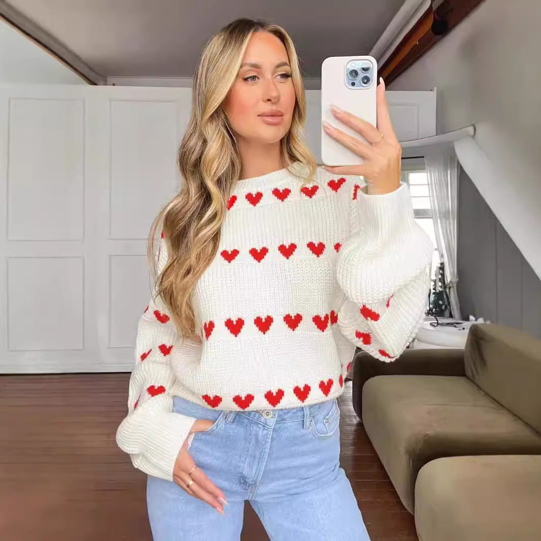 Pull Femme Motif Cœur Jacquard – Coupe Décontractée Bicolore