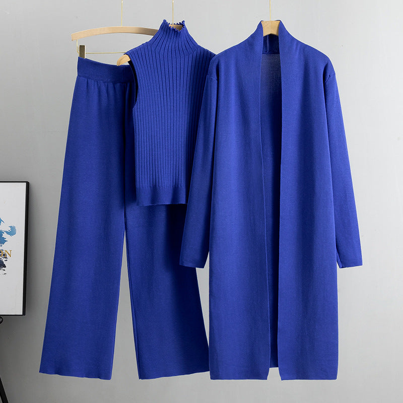 Dreiteiliges Damen-Strickset – ärmellose Weste, langer Cardigan und weite Hose