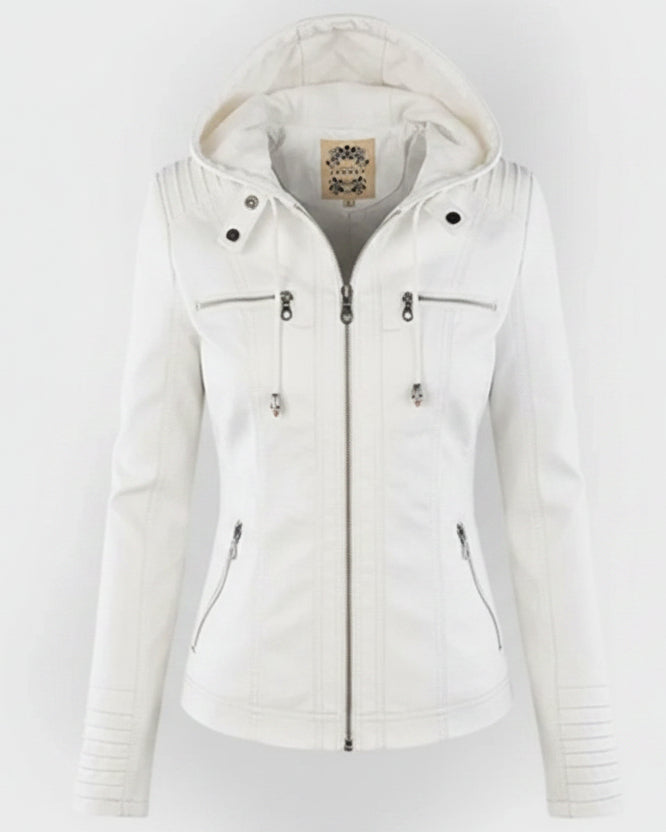 Vegane Motorradjacke für Damen – taillierter Schnitt mit abnehmbarer Kapuze