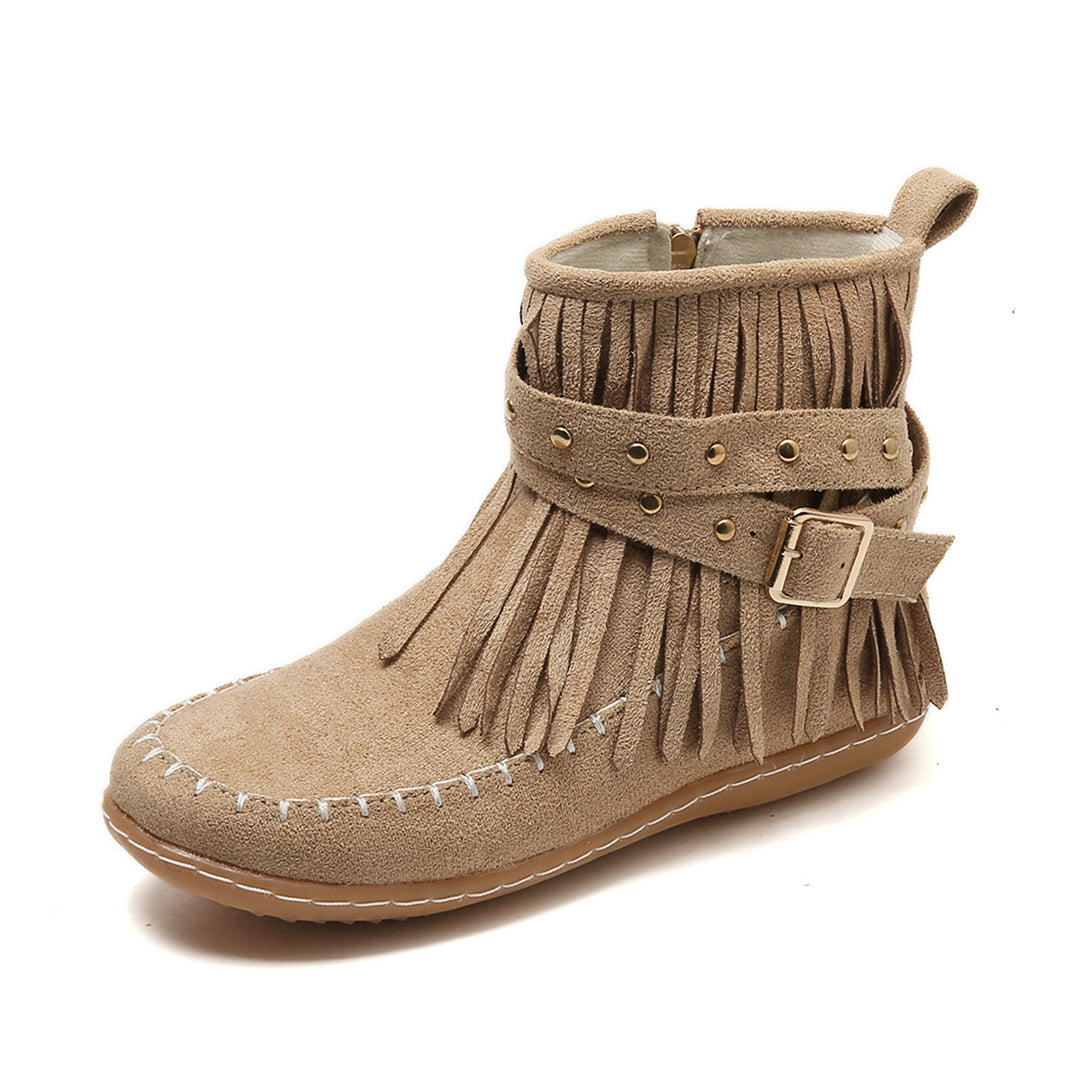 Damenstiefeletten aus Veloursleder – Lässige Fransen &amp; flacher Absatz