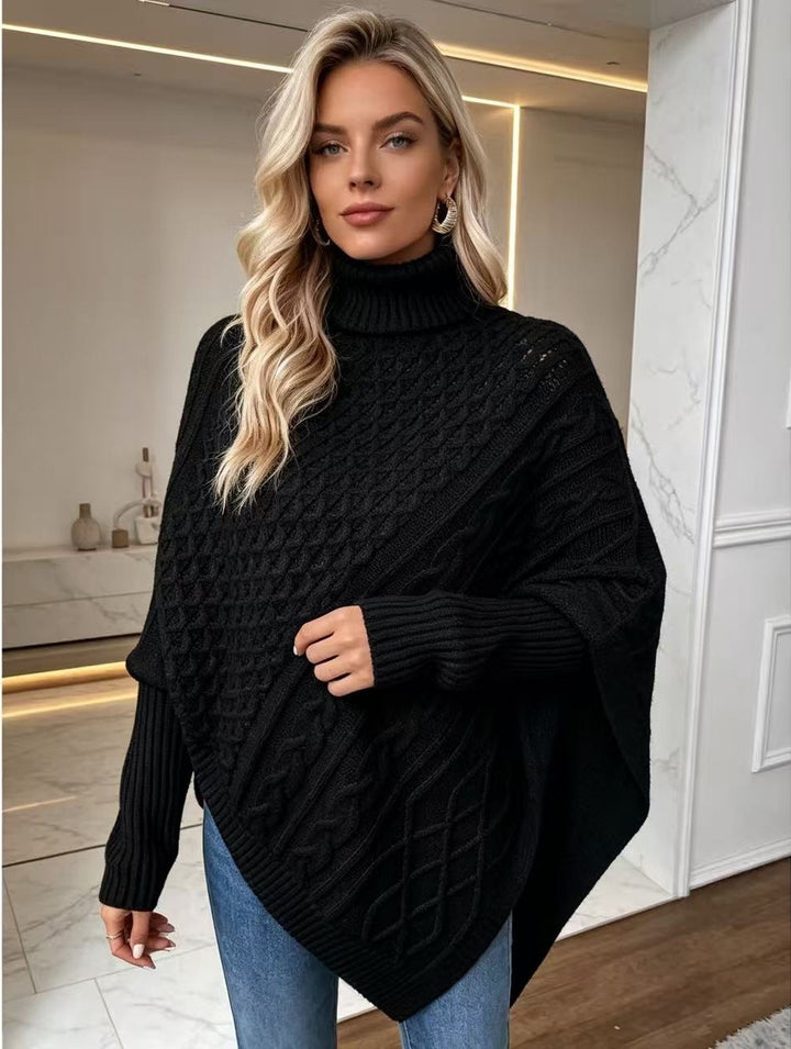 Sweaterponcho til Dame med høj hals – Asymmetrisk silhuet