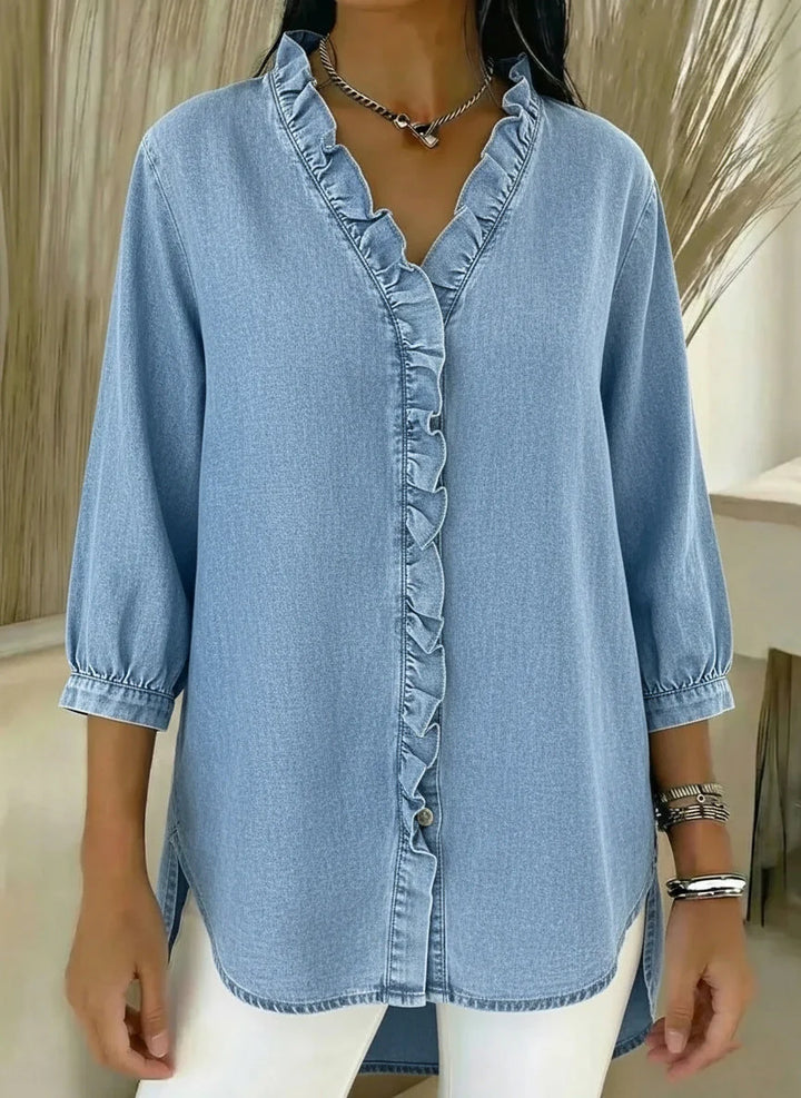 Damenbluse im Denim-Stil – V-Ausschnitt, Volants, gerader Schnitt