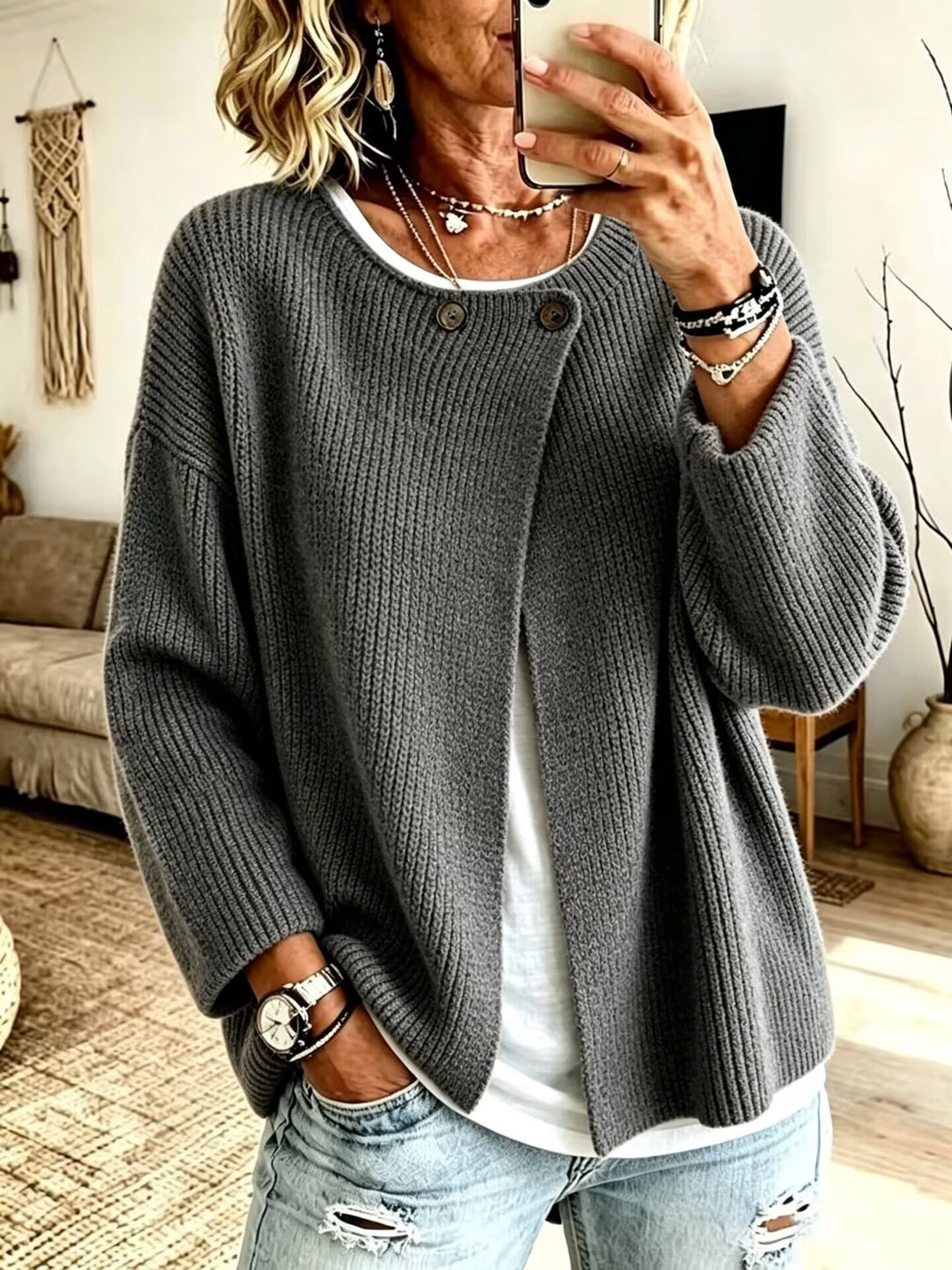Gebreid vest Dames – Asymmetrische pasvorm met knoopdetails