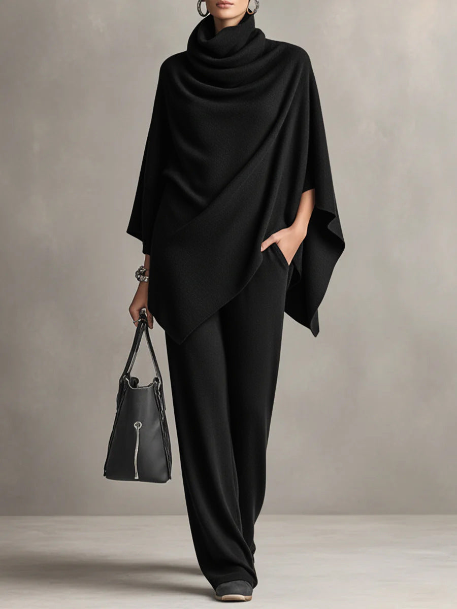 Ensemble Deux Pièces Femme Cape Top et Pantalon Large – Silhouette Drapée