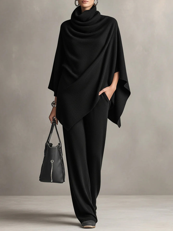 Ensemble Deux Pièces Femme Cape Top et Pantalon Large – Silhouette Drapée