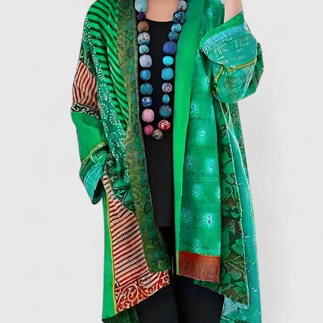 Cardigan Long Femme Mélange Lin Coton – Patchwork Décontracté