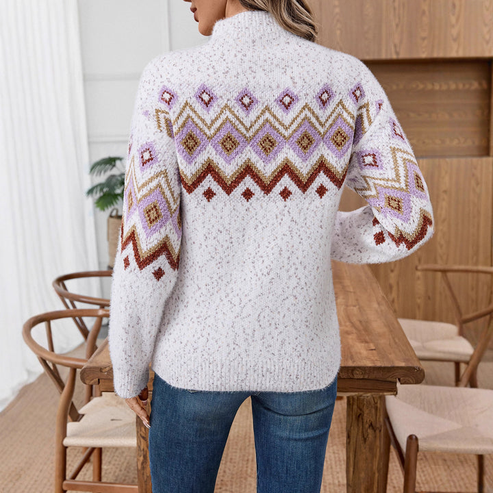 Pull Femme Jacquard – Motif Géométrique Col Montant, Coupe Décontractée