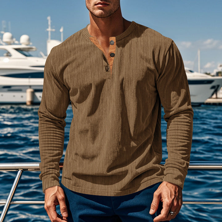 Herren-Hemd im Henley-Stil aus geripptem Baumwollcord - Schmale Passform