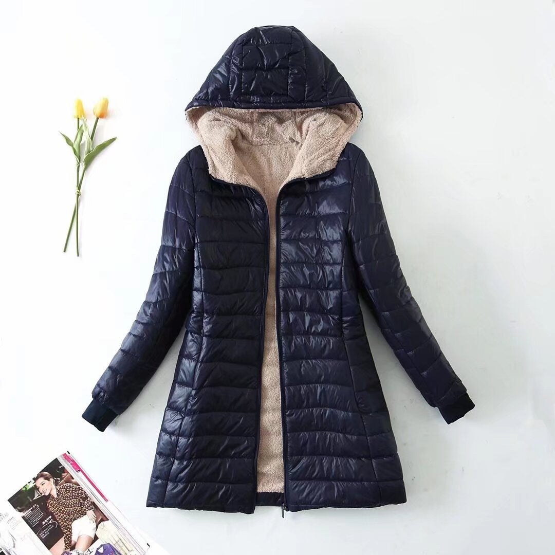 Veste Femme Matelassée Coton – Capuche Doublée Polaire Mi-Longue