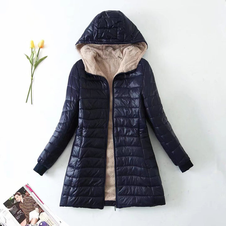 Veste Femme Matelassée Coton – Capuche Doublée Polaire Mi-Longue