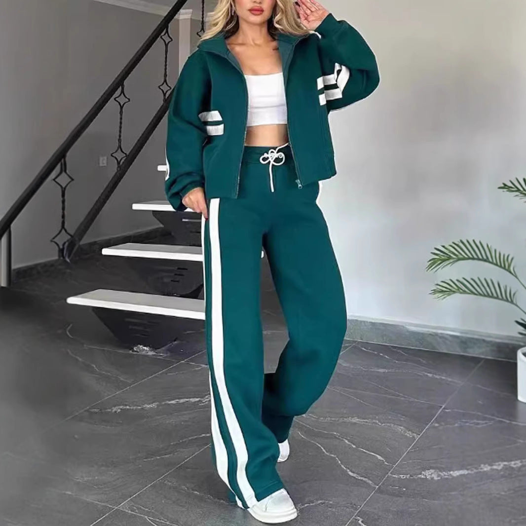 Ensemble Deux Pièces Femme – Veste de Sport Rayée &amp; Pantalon Large Coupe Décontractée