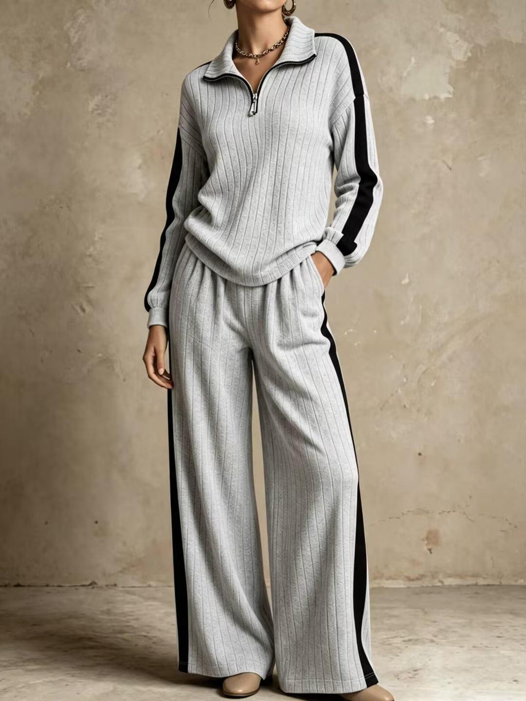 Ensemble Deux Pièces Femme Maille Côtelée – Haut Zippé &amp; Pantalon Large