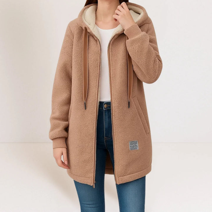Manteau Femme Doublé Polaire – Coupe Mi-Longue à Capuche