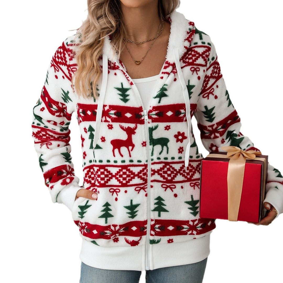 Veste Femme – Cardigan Zippé Doux Motif Noël Mi-longue