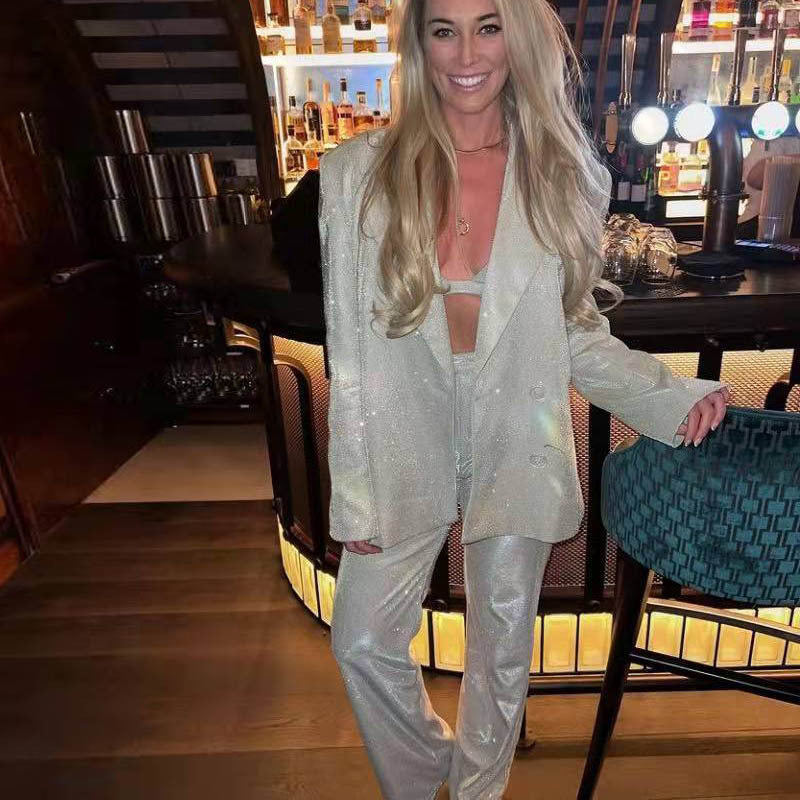 Damespak uit 3 delen - blazer met glanzende afwerking, bralette, rechte broek