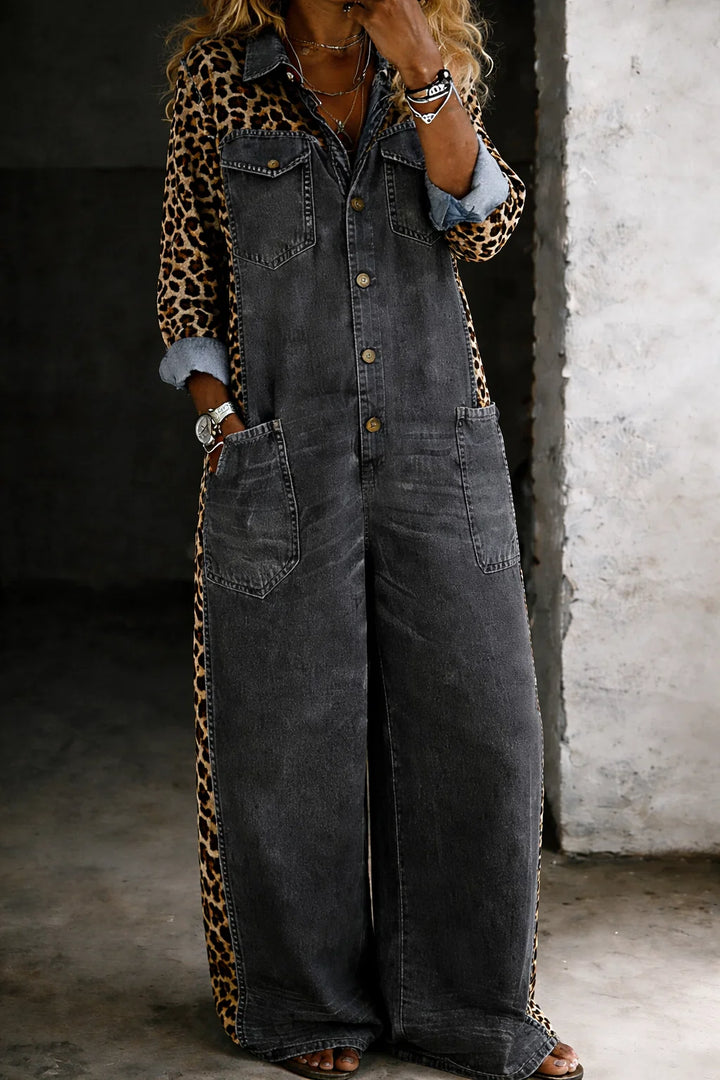 Gemusterter Damen-Jumpsuit – Lange Ärmel, Reverskragen, Lässiger Schnitt