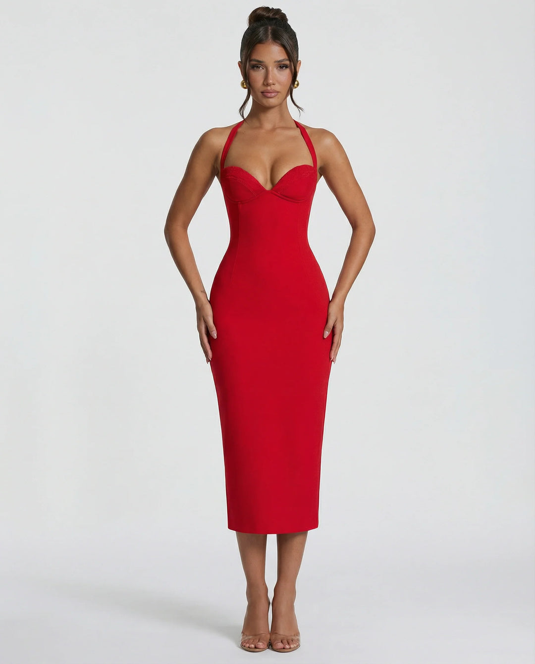 Midi-Kleid für Damen – Neckholder-Ausschnitt, strukturierter Schnitt, Rückenschlitz