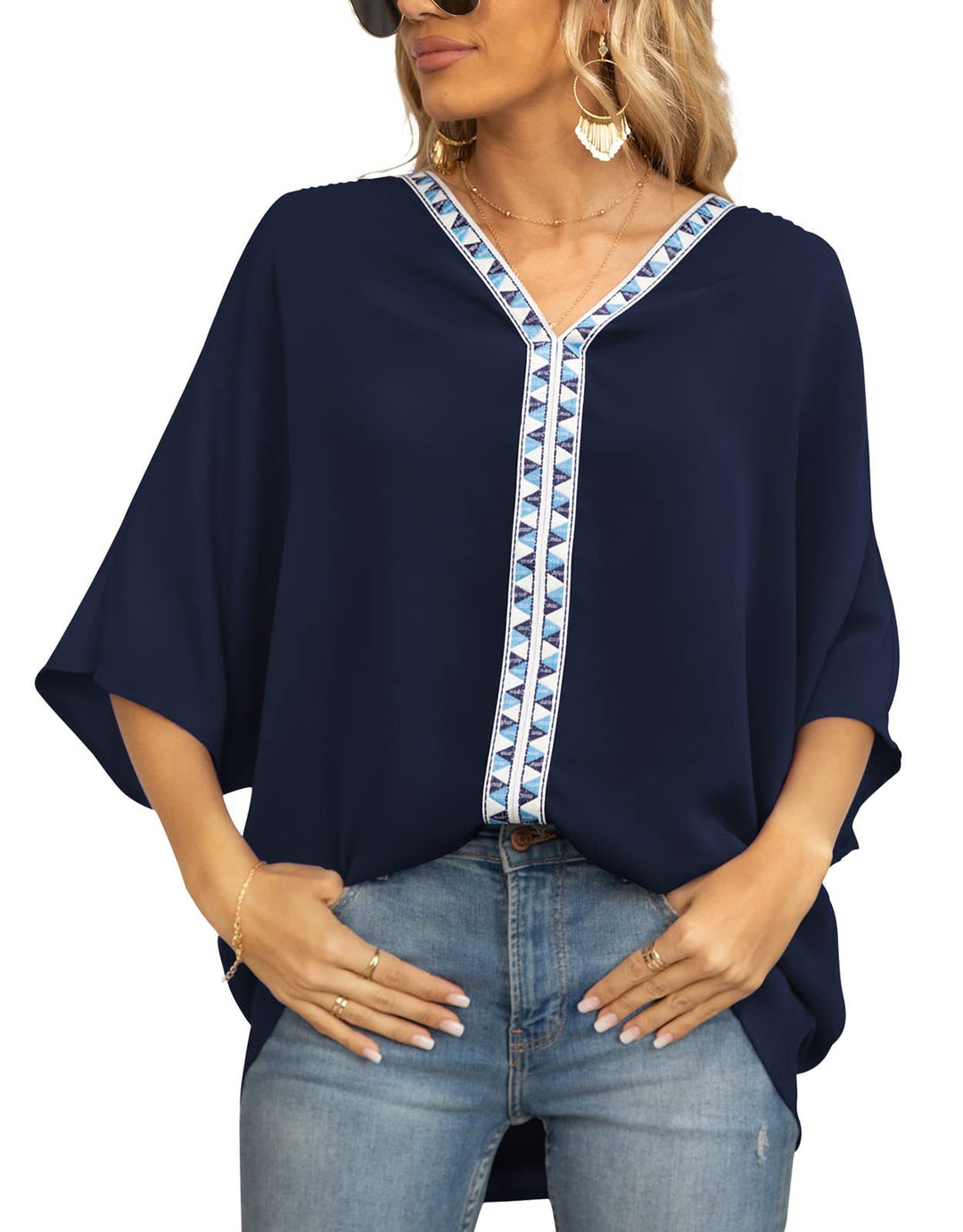 Camicia da donna con maniche a pipistrello effetto chiffon – scollo a V fluido